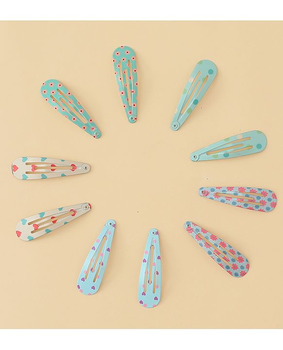 Pine Kids Hearts  & Floral  Printed Snap Clips Pack Of 10 - Light Blue Sea Green & Beige