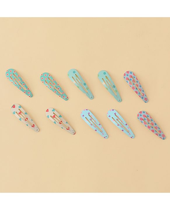 Pine Kids Hearts  & Floral  Printed Snap Clips Pack Of 10 - Light Blue Sea Green & Beige