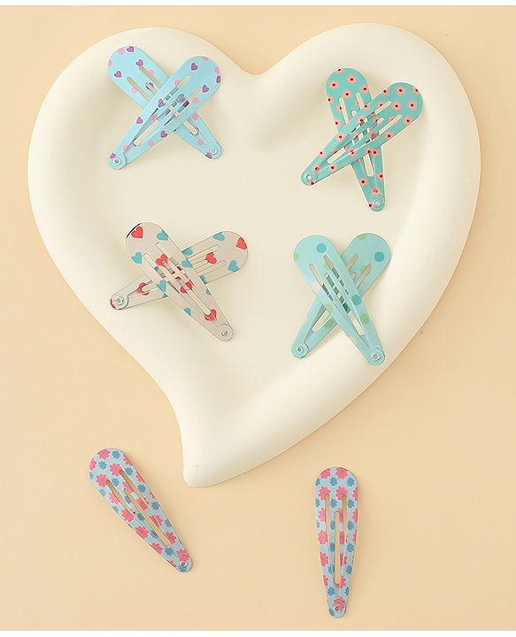 Pine Kids Hearts  & Floral  Printed Snap Clips Pack Of 10 - Light Blue Sea Green & Beige