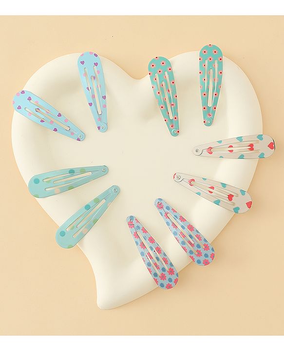 Pine Kids Hearts  & Floral  Printed Snap Clips Pack Of 10 - Light Blue Sea Green & Beige