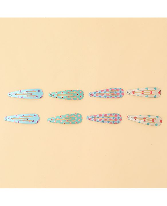 Pine Kids Hearts  & Floral  Printed Snap Clips Pack Of 10 - Light Blue Sea Green & Beige