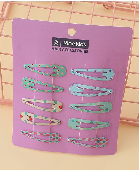 Pine Kids Hearts  & Floral  Printed Snap Clips Pack Of 10 - Light Blue Sea Green & Beige