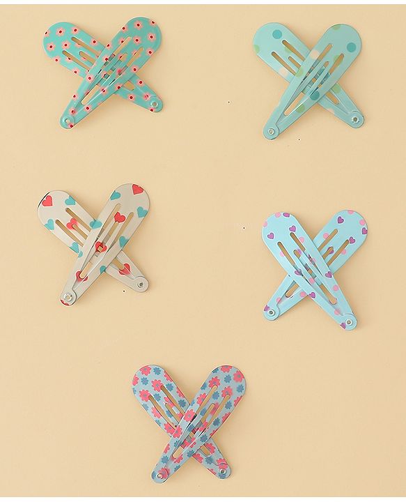Pine Kids Hearts  & Floral  Printed Snap Clips Pack Of 10 - Light Blue Sea Green & Beige