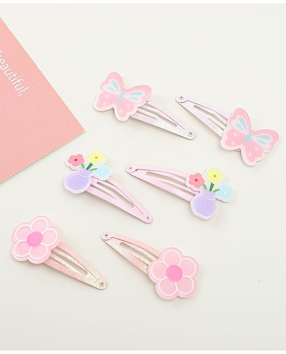 Babyhug Hair Clips with Butterfly & Floral Applique Pack of 6 - Pink