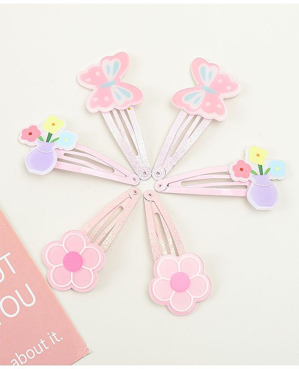 Babyhug Hair Clips with Butterfly & Floral Applique Pack of 6 - Pink