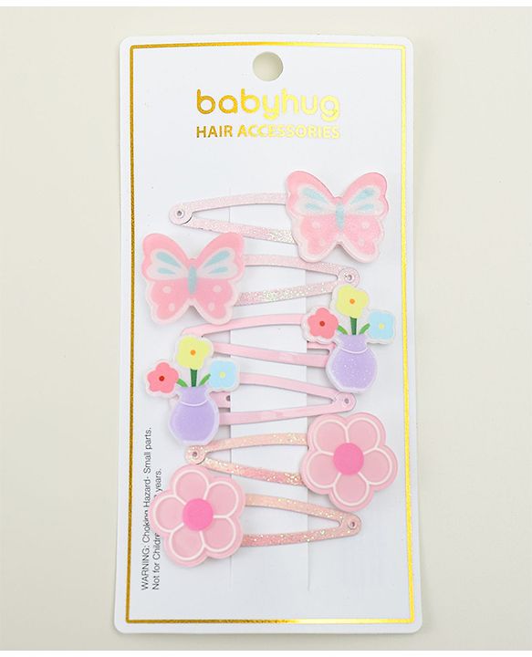 Babyhug Hair Clips with Butterfly & Floral Applique Pack of 6 - Pink