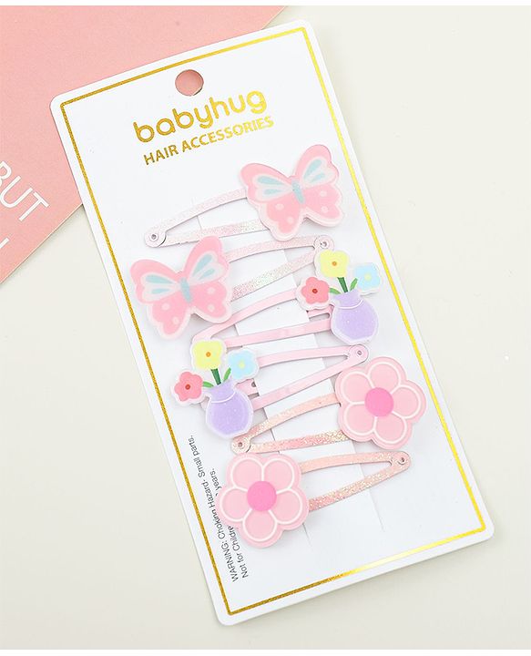 Babyhug Hair Clips with Butterfly & Floral Applique Pack of 6 - Pink