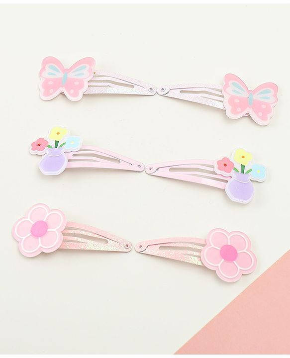 Babyhug Hair Clips with Butterfly & Floral Applique Pack of 6 - Pink
