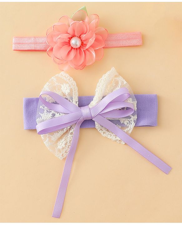 Babyhug Headbands With Floral & Bow Applique Pack of 2 - Purple & Peach