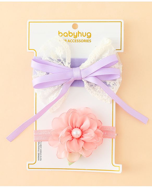 Babyhug Headbands With Floral & Bow Applique Pack of 2 - Purple & Peach