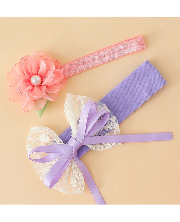 Babyhug Headbands With Floral & Bow Applique Pack of 2 - Purple & Peach