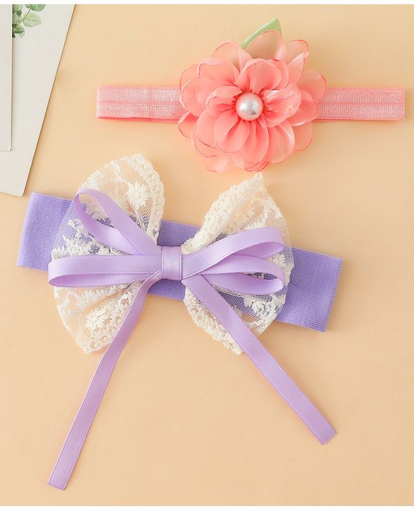 Babyhug Headbands With Floral & Bow Applique Pack of 2 - Purple & Peach