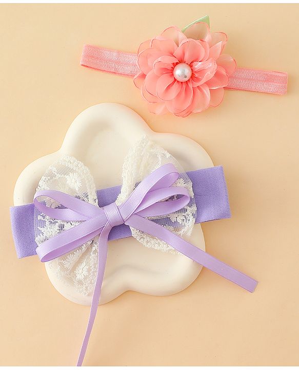 Babyhug Headbands With Floral & Bow Applique Pack of 2 - Purple & Peach