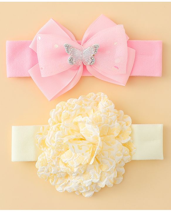 Babyhug Headbands With Floral & Bow Applique Pack of 2 - Pink & Yellow