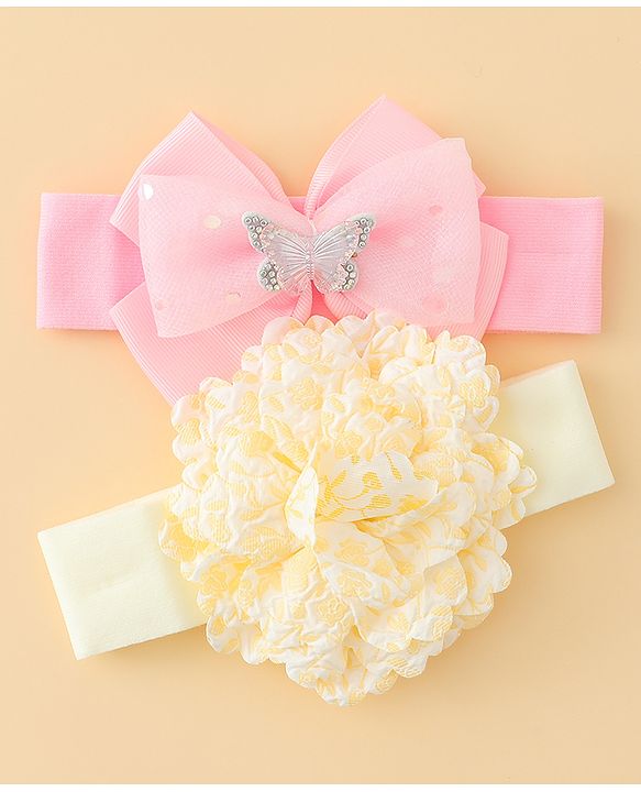 Babyhug Headbands With Floral & Bow Applique Pack of 2 - Pink & Yellow