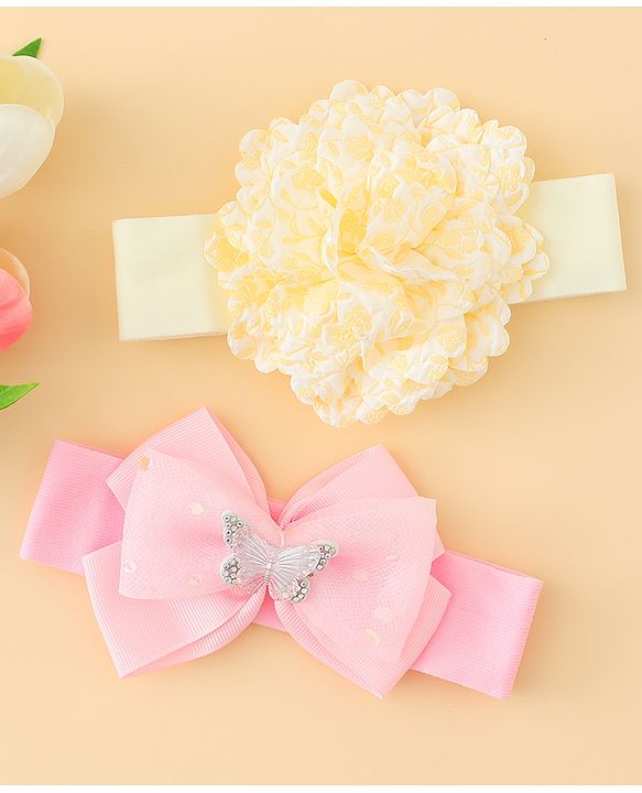 Babyhug Headbands With Floral & Bow Applique Pack of 2 - Pink & Yellow