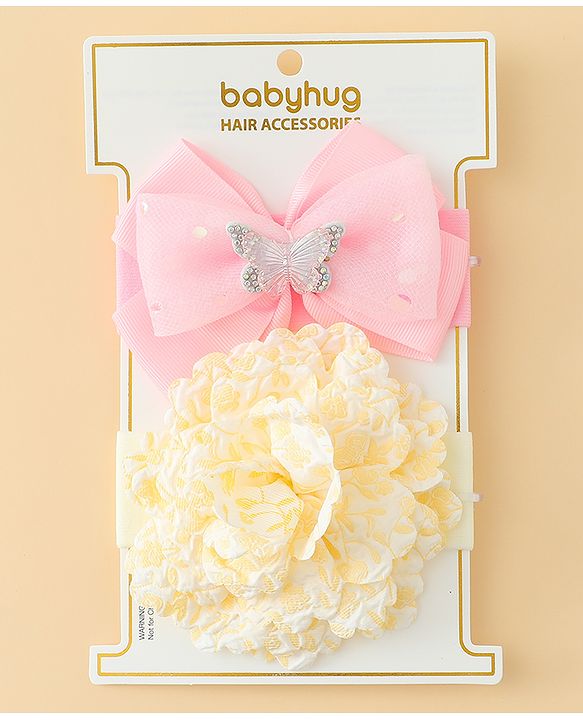 Babyhug Headbands With Floral & Bow Applique Pack of 2 - Pink & Yellow