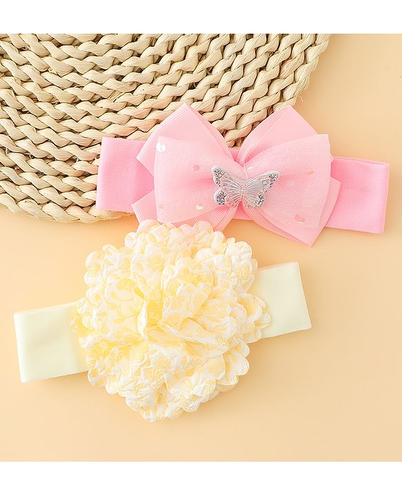 Babyhug Headbands With Floral & Bow Applique Pack of 2 - Pink & Yellow