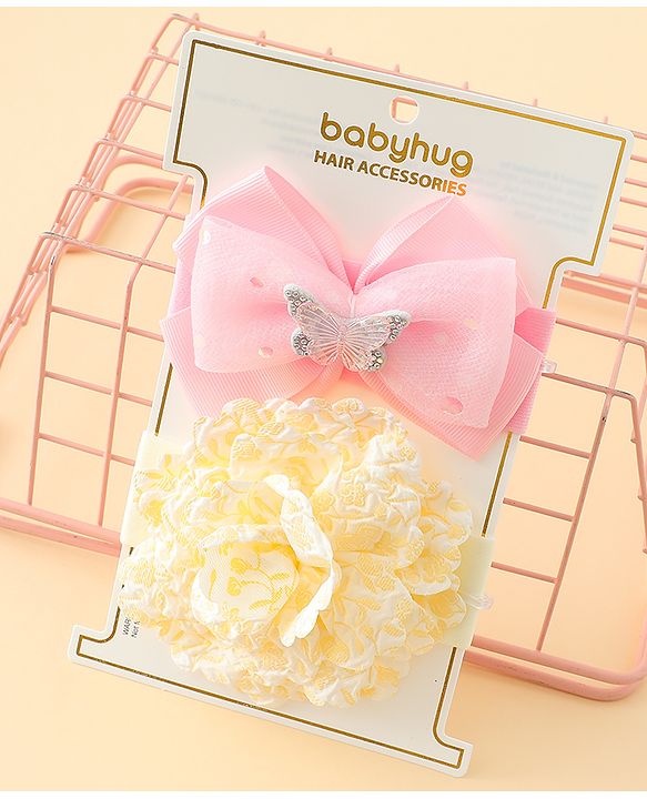 Babyhug Headbands With Floral & Bow Applique Pack of 2 - Pink & Yellow
