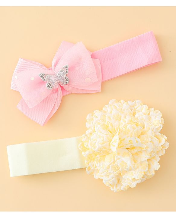 Babyhug Headbands With Floral & Bow Applique Pack of 2 - Pink & Yellow