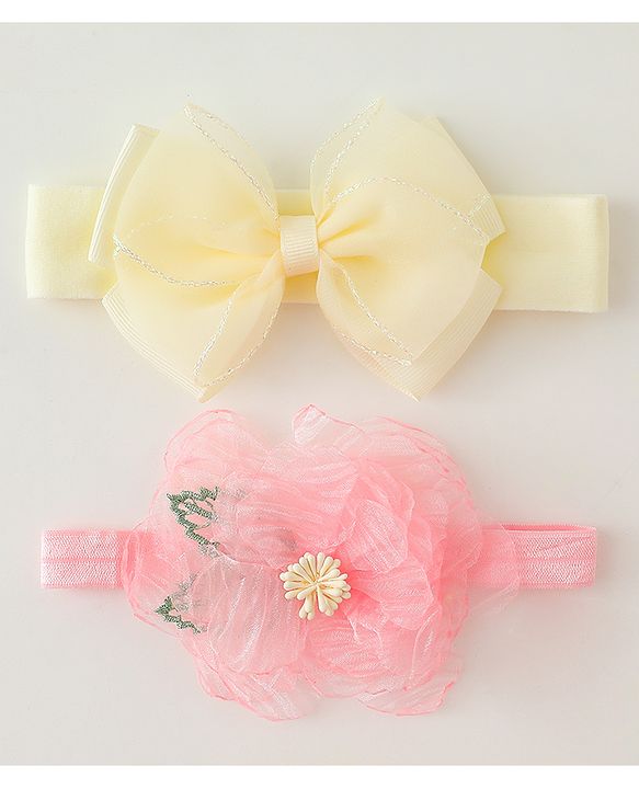 Babyhug Headbands With Bow & Floral Applique Pack of 2 - Cream & Pink