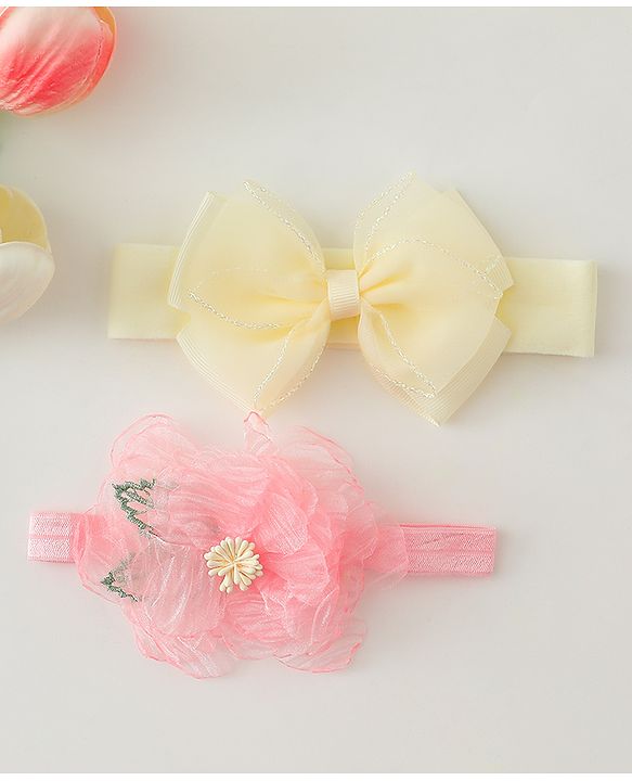 Babyhug Headbands With Bow & Floral Applique Pack of 2 - Cream & Pink