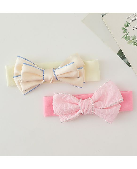 Babyhug Bow Applique Headbands Pack of 2 - Cream & Pink