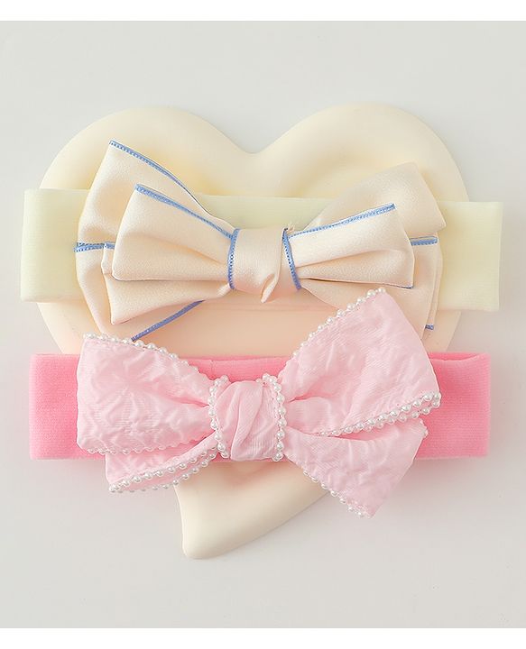 Babyhug Bow Applique Headbands Pack of 2 - Cream & Pink