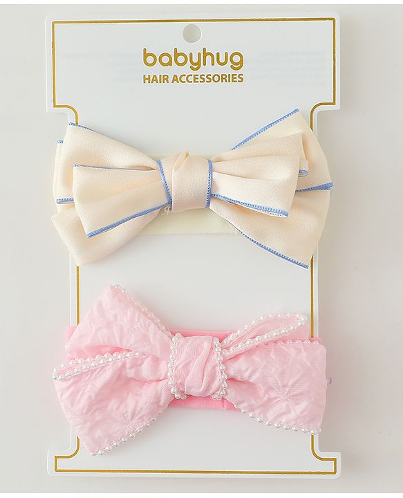 Babyhug Bow Applique Headbands Pack of 2 - Cream & Pink