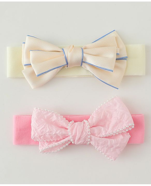 Babyhug Bow Applique Headbands Pack of 2 - Cream & Pink