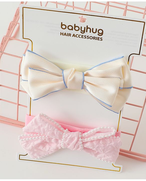 Babyhug Bow Applique Headbands Pack of 2 - Cream & Pink