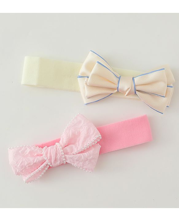Babyhug Bow Applique Headbands Pack of 2 - Cream & Pink