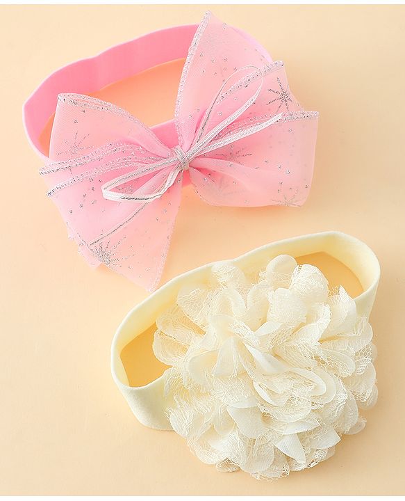 Babyhug Headbands With Floral & Bow Applique Pack of 2 - Cream & Pink