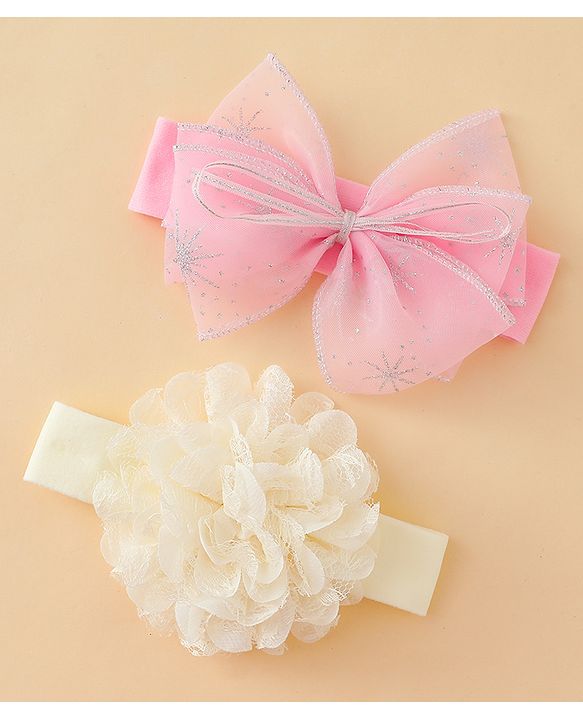 Babyhug Headbands With Floral & Bow Applique Pack of 2 - Cream & Pink