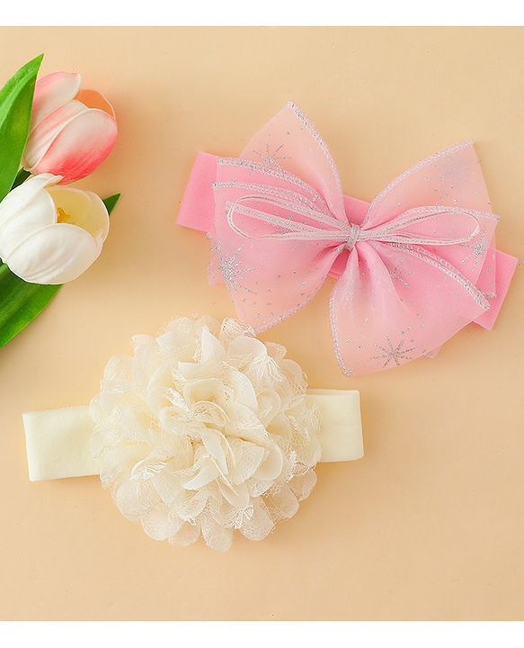 Babyhug Headbands With Floral & Bow Applique Pack of 2 - Cream & Pink