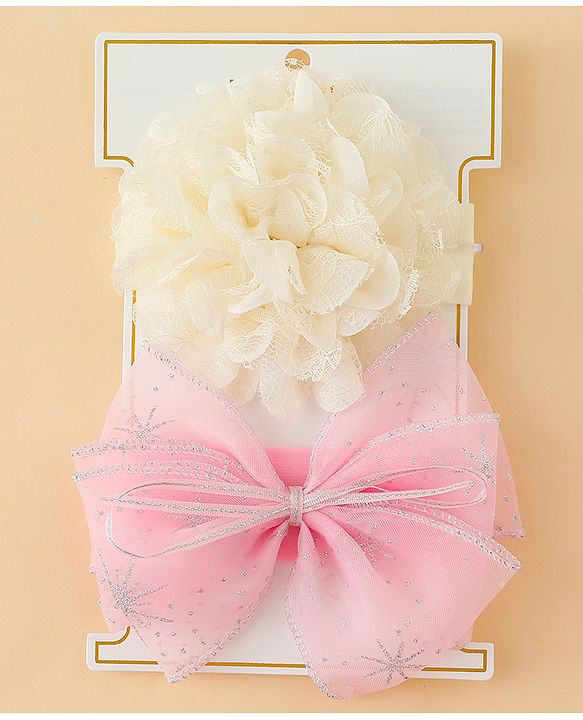 Babyhug Headbands With Floral & Bow Applique Pack of 2 - Cream & Pink