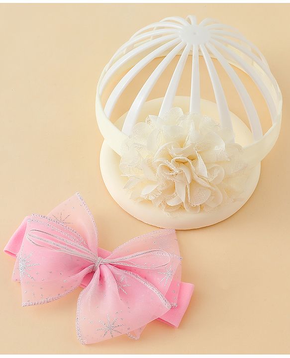 Babyhug Headbands With Floral & Bow Applique Pack of 2 - Cream & Pink
