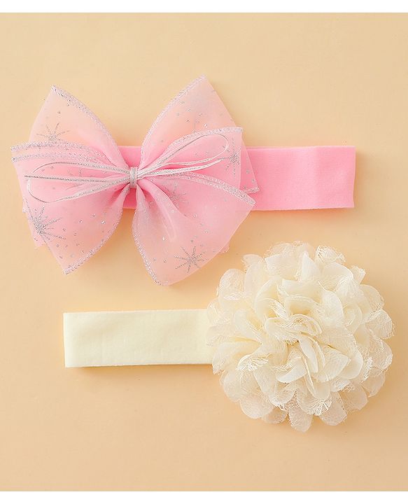 Babyhug Headbands With Floral & Bow Applique Pack of 2 - Cream & Pink