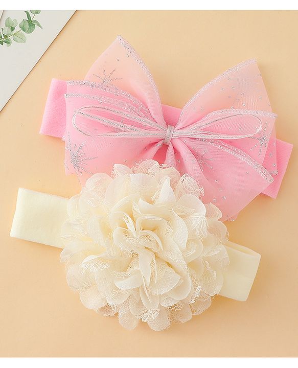 Babyhug Headbands With Floral & Bow Applique Pack of 2 - Cream & Pink
