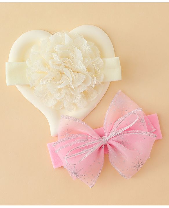 Babyhug Headbands With Floral & Bow Applique Pack of 2 - Cream & Pink