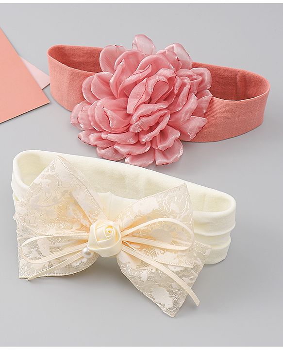 Babyhug Bow Applique Headbands Pack of 2 - Cream & Pink