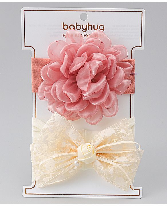 Babyhug Bow Applique Headbands Pack of 2 - Cream & Pink