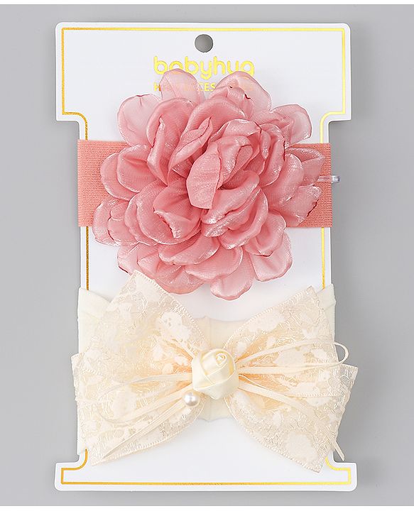 Babyhug Bow Applique Headbands Pack of 2 - Cream & Pink