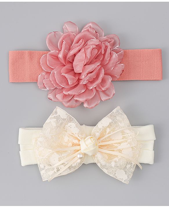 Babyhug Bow Applique Headbands Pack of 2 - Cream & Pink