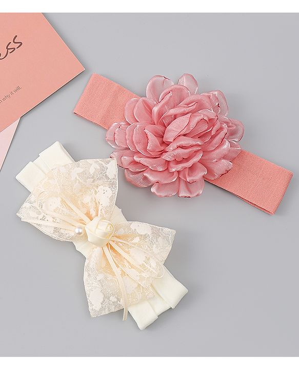 Babyhug Bow Applique Headbands Pack of 2 - Cream & Pink
