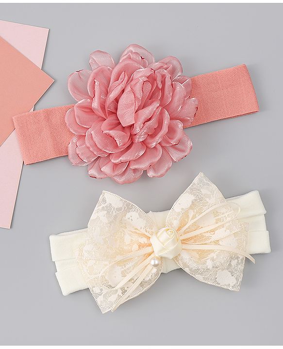 Babyhug Bow Applique Headbands Pack of 2 - Cream & Pink