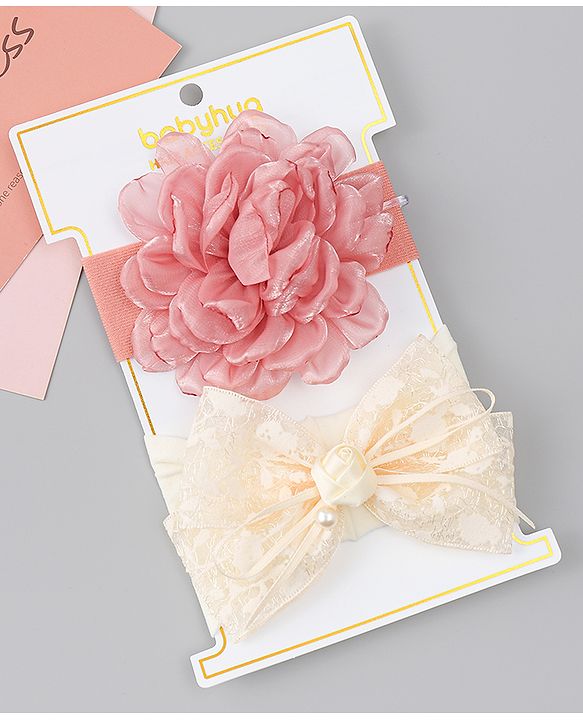 Babyhug Bow Applique Headbands Pack of 2 - Cream & Pink