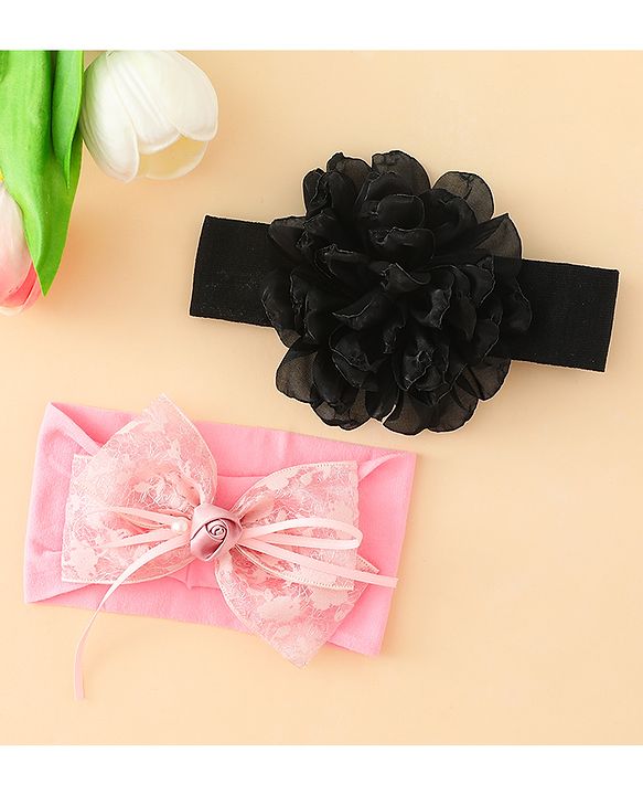 Babyhug Bow Applique Headbands Pack of 2 - Cream & Pink