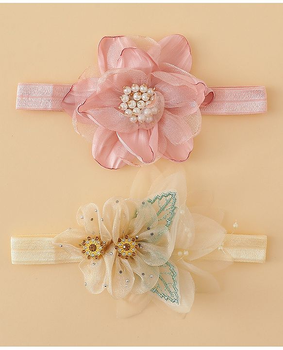 Babyhug Headbands with Floral Applique Pack of 2 - Dark Pink & Cream