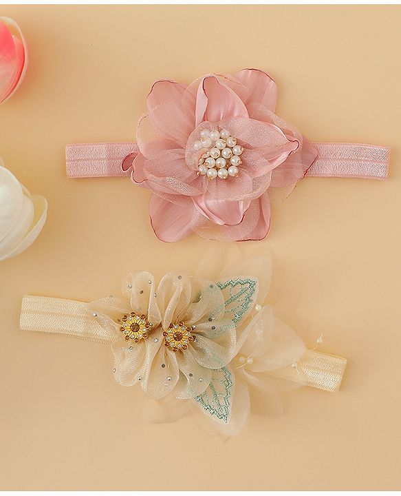 Babyhug Headbands with Floral Applique Pack of 2 - Dark Pink & Cream
